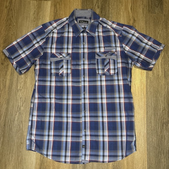 7 Diamonds Shirt Mens L Blue Red Plaid Casual Button Down Short Sleeve Pockets - Picture 1 of 10